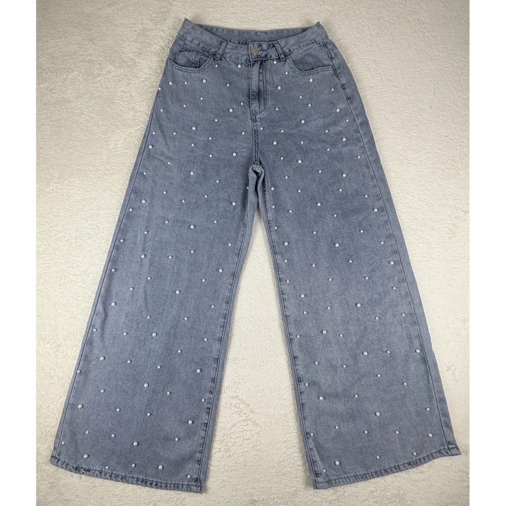 Yozy Blue Denim Wide Leg Pearl Embellished Beaded Jeans‎ Women's Size 6/M